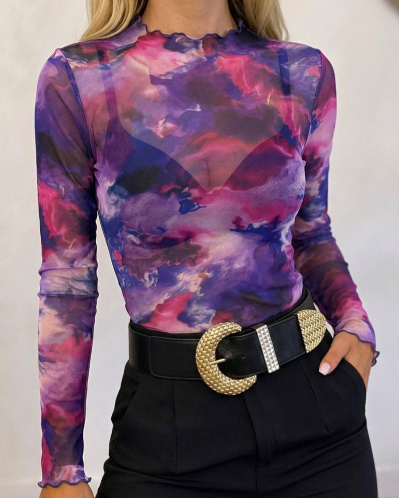 Women's Vintage Tie Dye Print Sheer Mesh Top Frill Trim Mock Neck Long Sleeve Tee