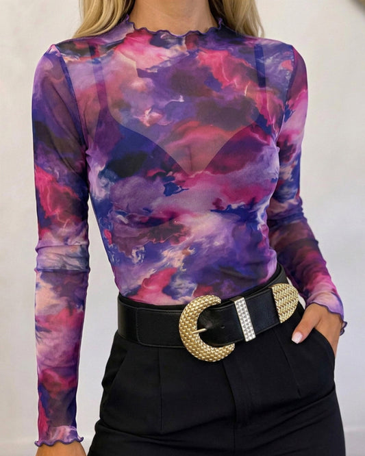 Women's Vintage Tie Dye Print Sheer Mesh Top Frill Trim Mock Neck Long Sleeve Tee