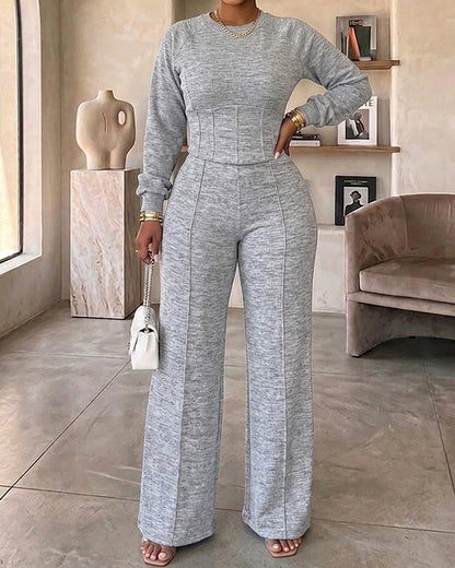 2 Pieces Outfit O-neck Long Sleeve Cinched Waist Sweatshirt and Elastic Waist Wide Leg Pants Set Casual Seam Design Sweatpants Set