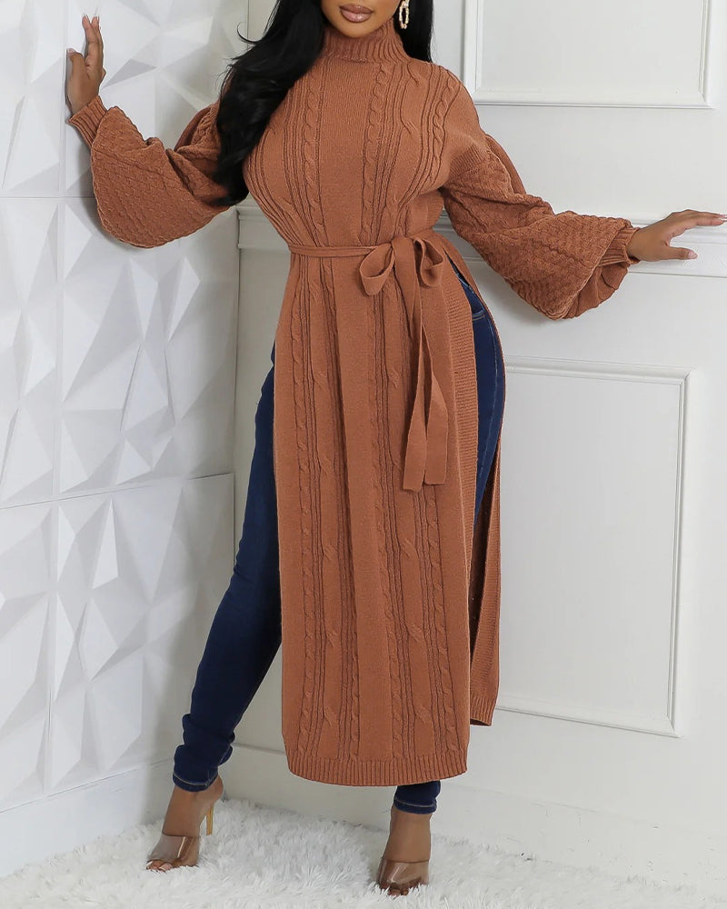 Cable Textured High Neck Lantern Sleeve Bow Tie Waist Sweater Casual High Slit Knit Longline Top 3 Cable Textured High Neck Lantern Sleeve Bow Tie Waist Sweater Casual High Slit Knit Longline Top - Image 3