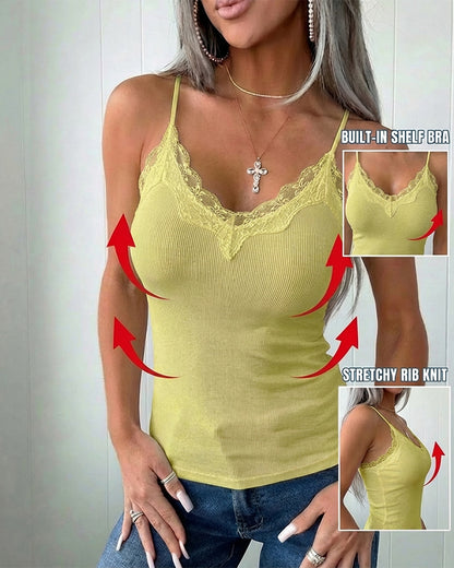 French Style V-Neck Spaghetti Straps Lace Spliced Top Slim Fit Ribbed Cami Top with Built-In Bra