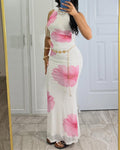 Women's Floral Mesh Ruched 2 Piece Set Sleeveless Crop Top and High Waist Mermaid Skirt Elegant Vacation Set