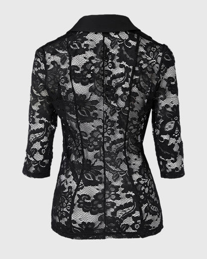 Lapel Neck Three Quarters Sleeve Single Breasted Coat Casual Flap Detail Lace Spliced Sheer Blazer