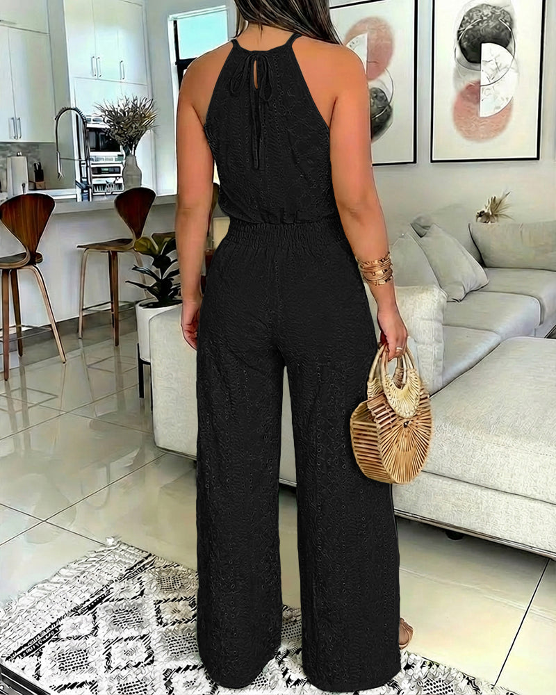 2 Pieces Outfit Halter Tie Guipure Lace Spliced Front Hollow-out Back Top and Elastic Back Waist Wrapped Slit Pants Set Casual Jacquard Textured Vacation Set