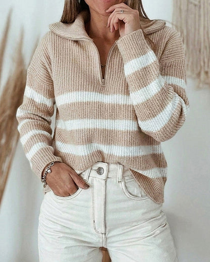 Women's Half Zip Striped Sweater Colorblock Turn-down Collar Knit Pullover Drop Shoulder Loose Fit Top