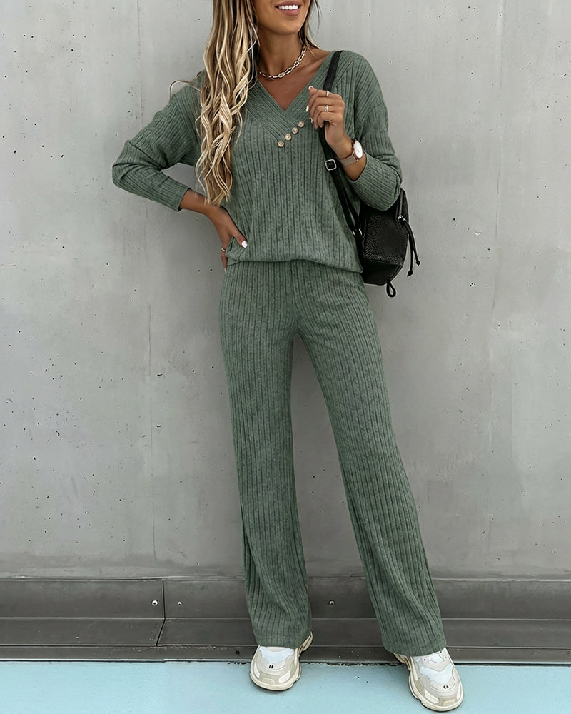 2 Pieces Outfit Button Decor V-Neck Long Sleeve Top and Elastic Waist Straight Leg Pants Set Casual Ribbed Set