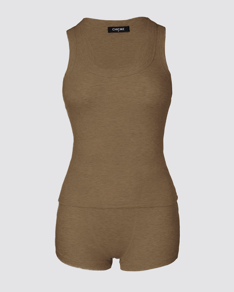 2PCS Micro-Ribbed U-Neck Tank Top & Boxer Set Cozy Loungewear