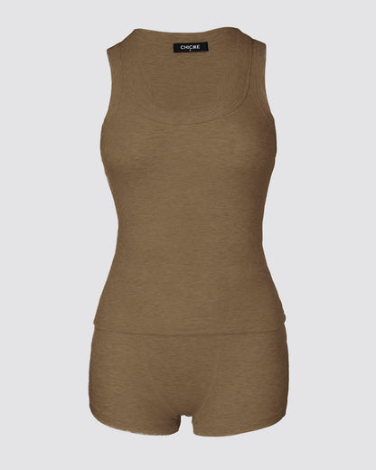 2PCS Micro-Ribbed U-Neck Tank Top & Boxer Set Cozy Loungewear