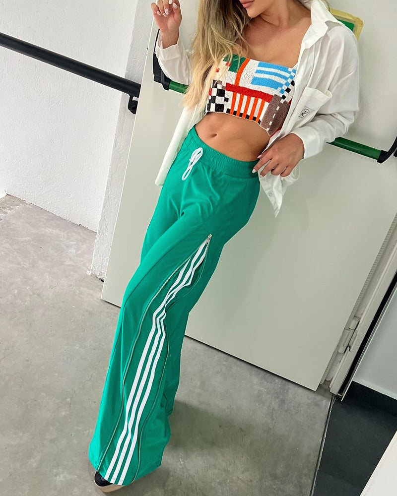 Contrast Side Striped & Zipper Slit Side Drawstring Elastic Waist Trousers Casual Wide Leg Pants