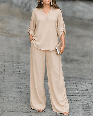 Women's 2 Piece Crinkled Outfits Notch Neck Roll Up Sleeve Top and High Waisted Wide Leg Pants Set