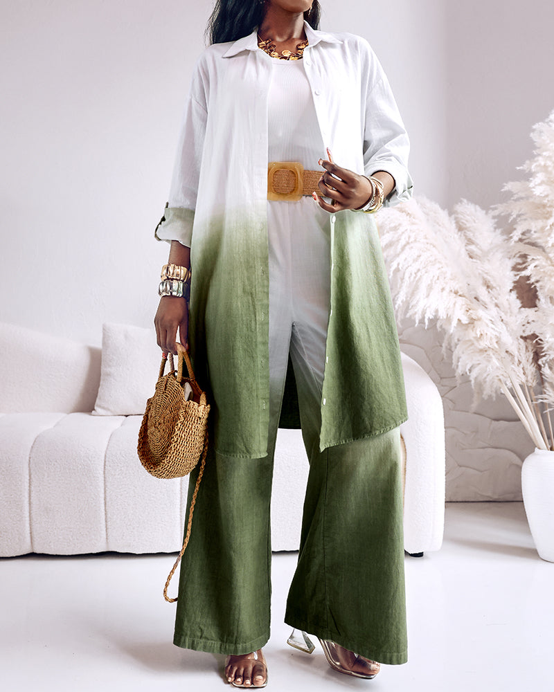 2 Pieces Outfit Ombre Print Long Sleeve Blouse And Casual High Waist Wide Leg Pants Set (Without Belt)