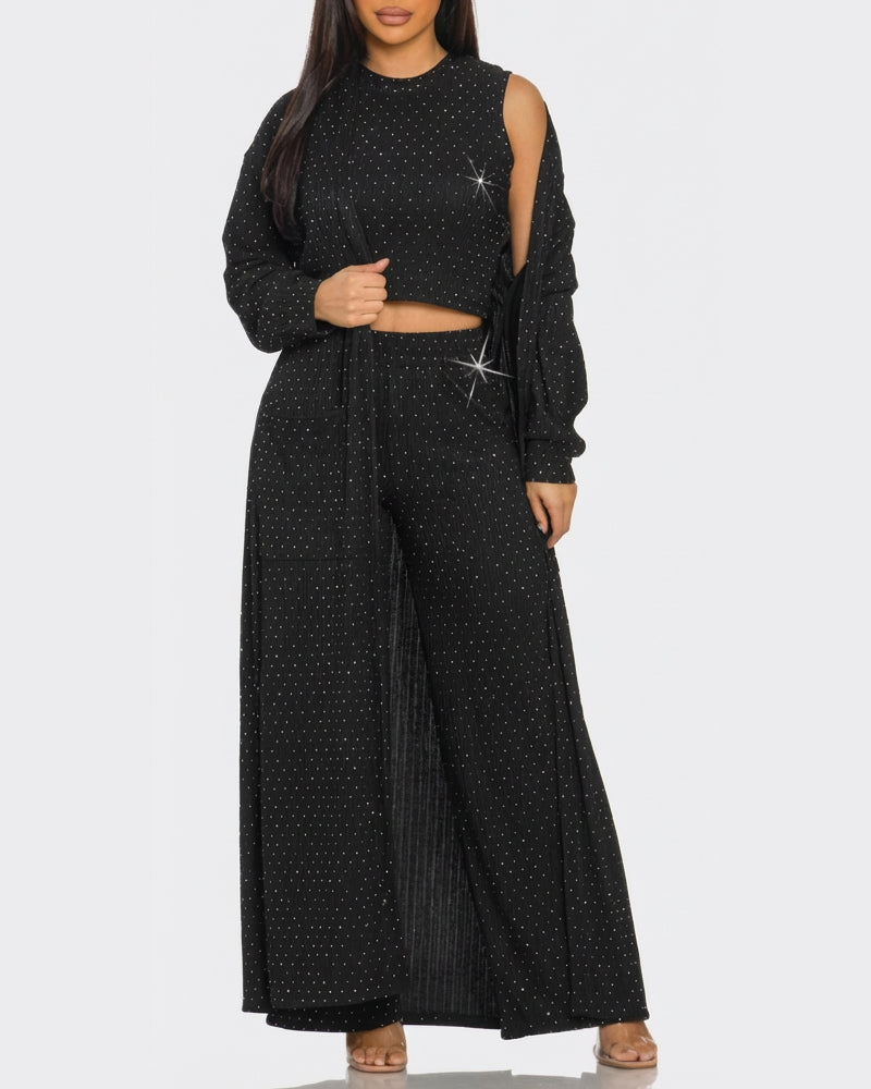 3 Pieces Outfits Cozy Comfort Glitter Long Sleeve Longline Coat and Cropped Ribbed Knit Tank Wide Leg Pants Set