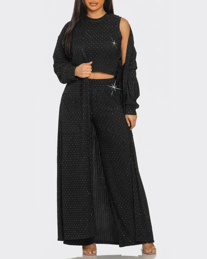 3 Pieces Outfits Cozy Comfort Glitter Long Sleeve Longline Coat and Cropped Ribbed Knit Tank Wide Leg Pants Set