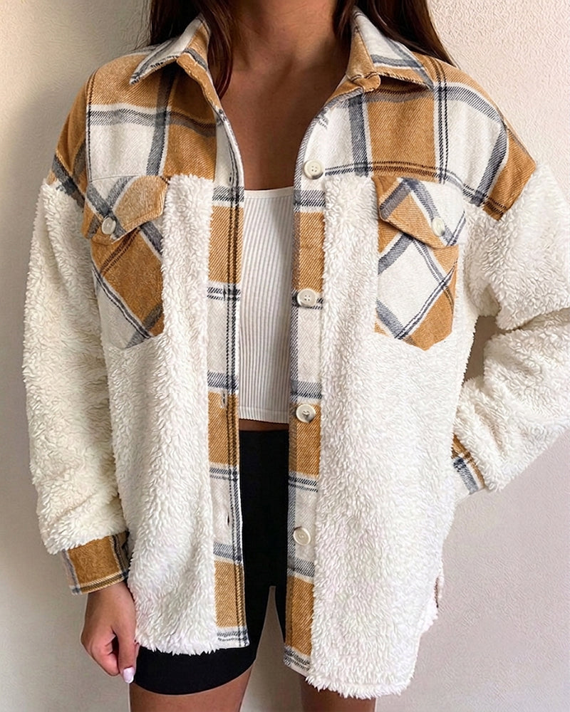 Veste polaire à carreaux pour femmes, veste décontractée à manches longues boutonnée en fausse peau de mouton