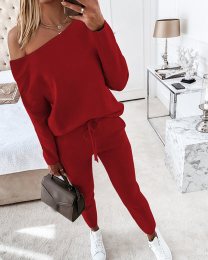 2 Pieces Outfit Long Sleeve Skew Neck Pullover Top And Drawstring Elastic Waist Slim Fit Pants Set