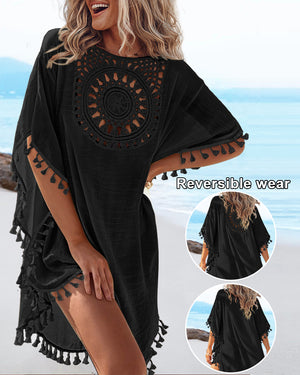 Women's Front & Back Reversible Beach Cover Up Crochet Lace Hollow Out Spliced Tassel Vacation Caftan Dress