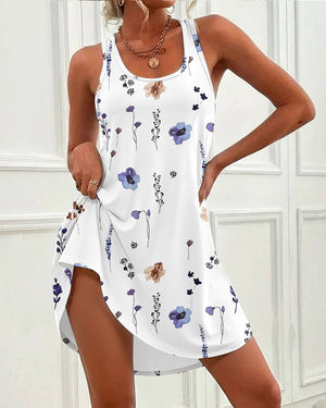Vestido informal de estar por casa con estampado floral de acuarela integral, escote redondo, sin mangas, bajo curvado y espalda deportiva