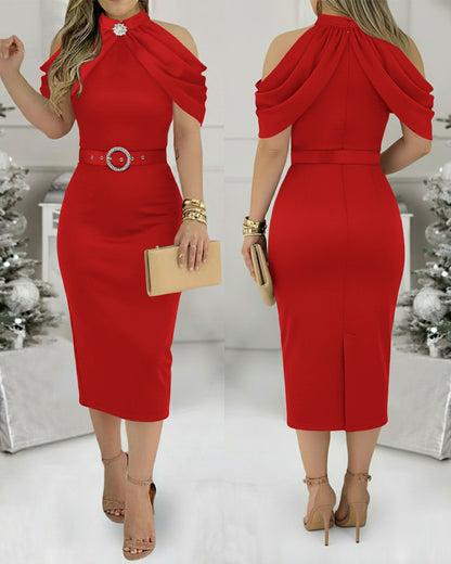 Chic Plain High Neck Party Dress with Cold Sleeves and Sparkling Rhinestones Decor Elegant Slim Fit Midi Dress (With Belt)