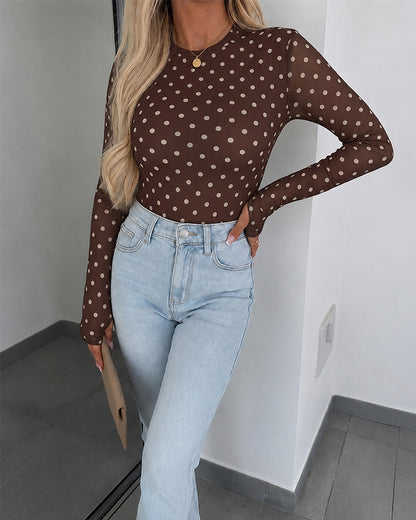 Women's Mesh Polka Dot Top Lined Sheer Long Sleeve Tee Crewneck Slim Fit Layering Under Base Top with Thumbholes
