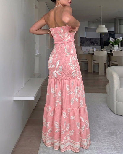 CHICME Women's Tropical Plants Bandeau Dress Sexy Drawstring Cutout Shirred Waist Mermaid Dress Ruffle Hem Vacation Maxi Dress