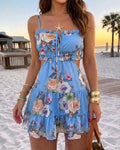 Women's Floral Cutout Mini Cami Dress Adjustable Strap Ruched Tied Shirred Ruffle Hem Vacation Sundress with Built-In Bra