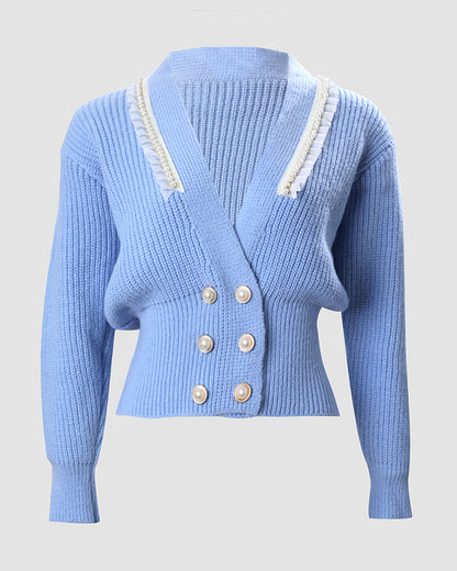 Pearls Decor V-Neck Double Breasted Knit Cardigan Casual Frill Trim Decor Sweater