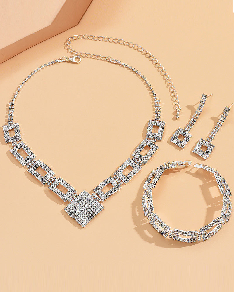 3PCS Allover Rhinestone Hollow Out Square Pendant Necklace & Drop Earrings & Bracelet Evening Party Wedding Jewelry Set