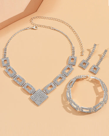 3PCS Allover Rhinestone Hollow Out Square Pendant Necklace & Drop Earrings & Bracelet Evening Party Wedding Jewelry Set