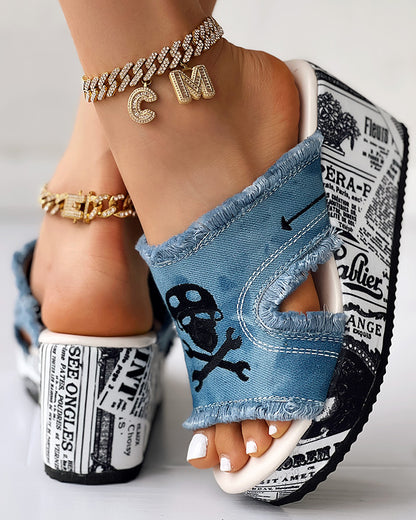 Newspaper Buckled Denim Wedge Slippers