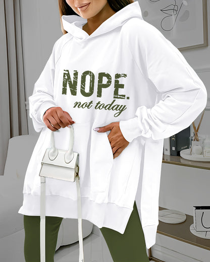 2 Pieces Outfit Nope. not today Slogan Print Kangaroo Pocket Side Slit High-Low Hem Hoodie Sweatshirt and Elastic Waist Slim Fit Sweatpants Set