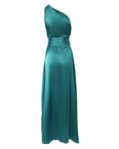 Women's One Shoulder Satin Maxi Dress Ruched High Waist Wrap Slit Elegant Evening Gown Formal Dress