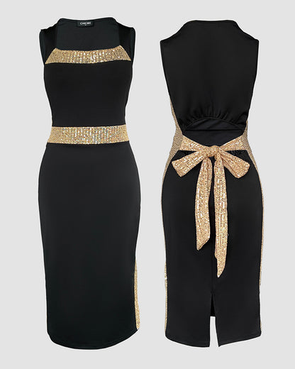 Square Neck Sleeveless Hollow-out Bowknot Mid-Calf Slit Dress