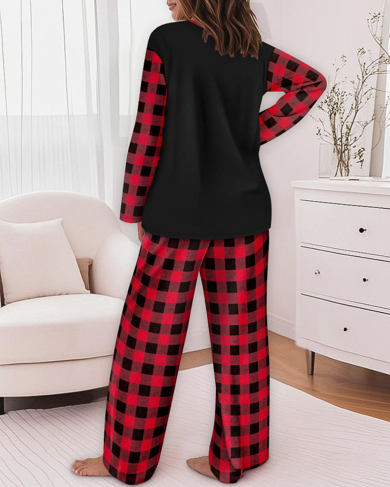 2 Pieces Outfit Christmas Tree Print Plaid Print Spliced Long Sleeve Top and Plaid Print Elastic Waist Pants Set Casual Pajamas Set