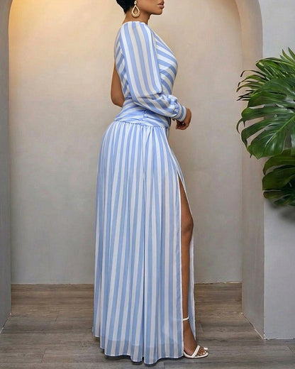 Women's One Shoulder Stripe Maxi Dress Lantern Long Sleeve Ruched High Slit Elegant Chiffon Party Dress