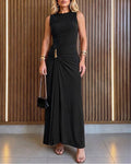 Women's Sleeveless Gold Buckle Ruched Maxi Evening Dress
