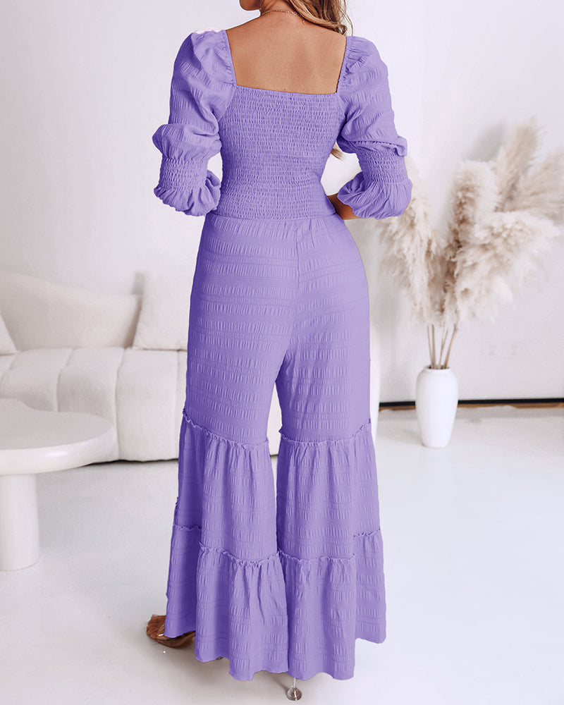 Square Neck Long Sleeve Drawstring  Shirred Jumpsuit