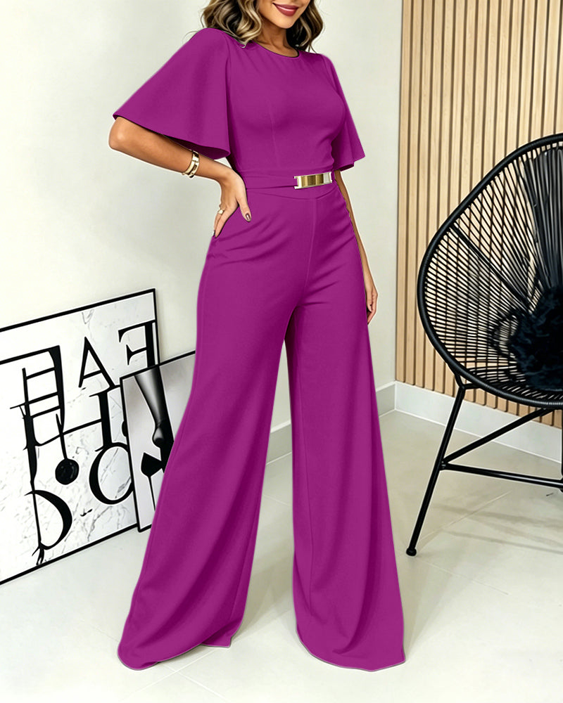 Women's Elegant Wide-Leg Jumpsuit Butterfly Sleeve Romper Gold Detail High Waist Overalls with Pockets