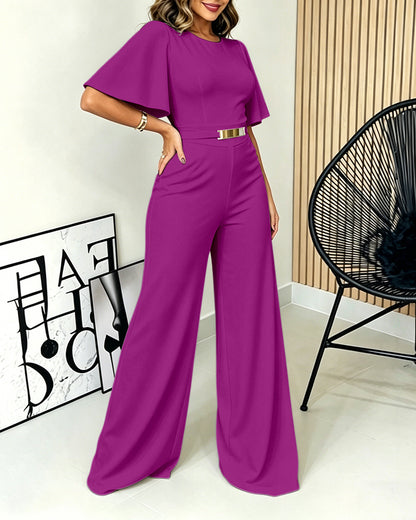 Women's Elegant Wide-Leg Jumpsuit Butterfly Sleeve Romper Gold Detail High Waist Overalls with Pockets
