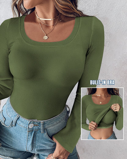 Chicme Built In Bra U Neck Long Sleeve Ribbed Top