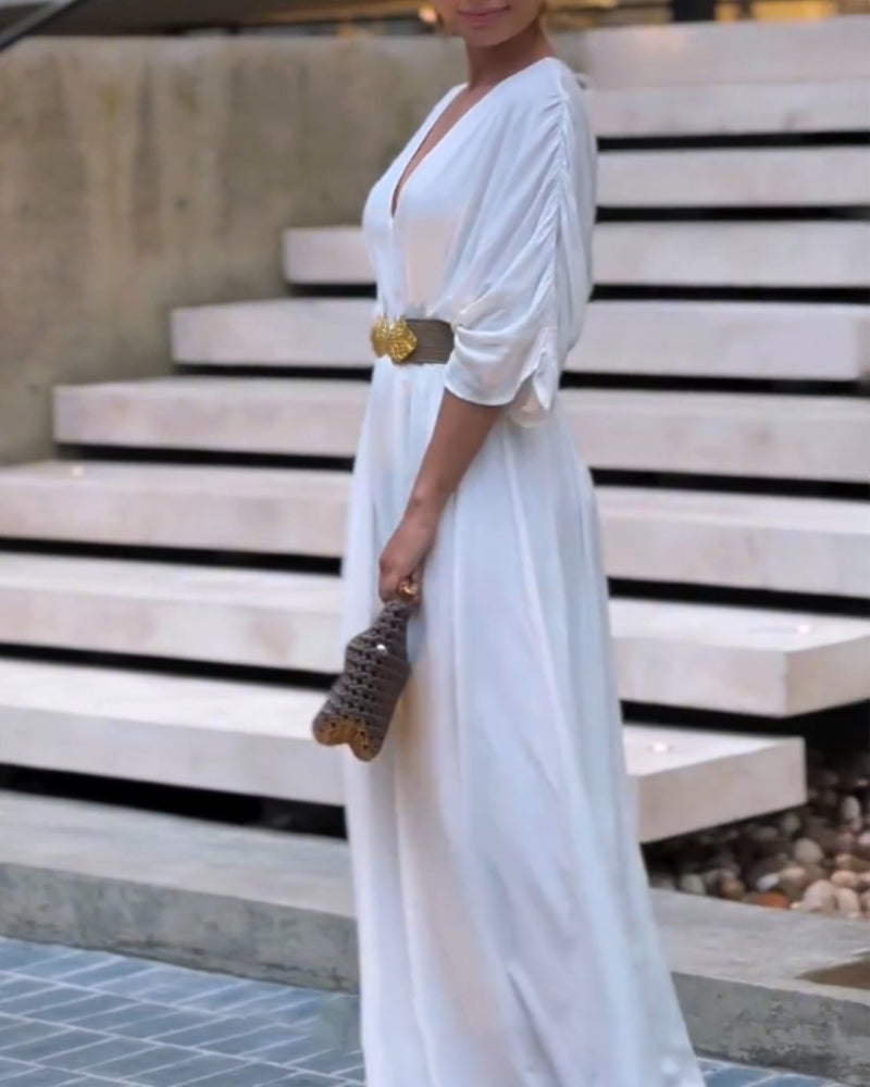 Deep V-Neck Ruched Three Quarters Sleeve Backless Overalls Casual Waist-Gathered Tied Detail Jumpsuit without Belt