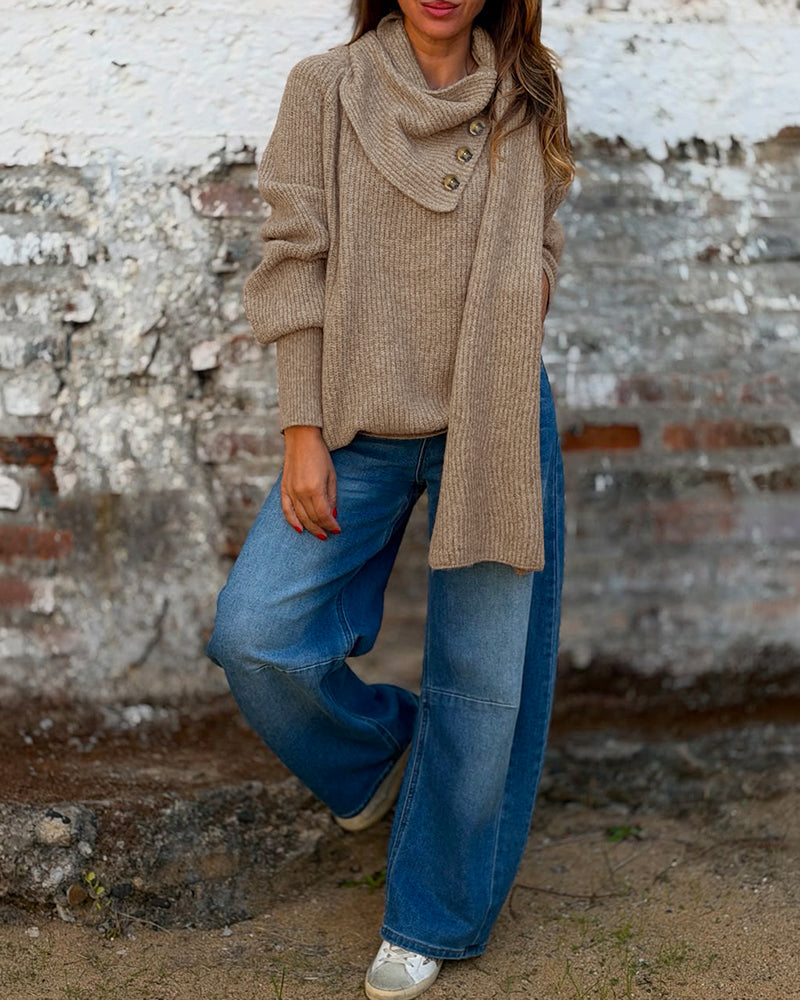 Women's Wrap-Style Cowl Collar Knit Sweater Casual Pullover