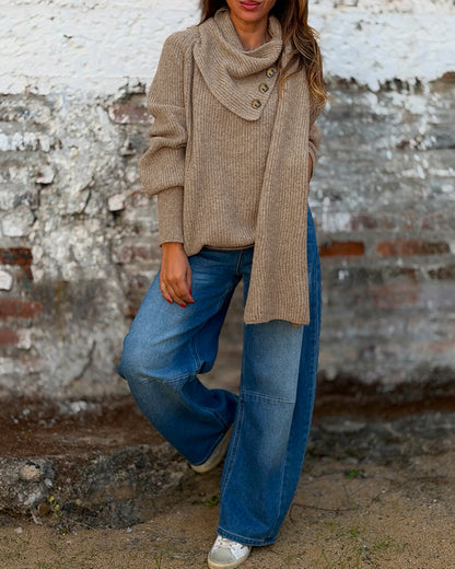 Women's Wrap-Style Cowl Collar Knit Sweater Casual Pullover