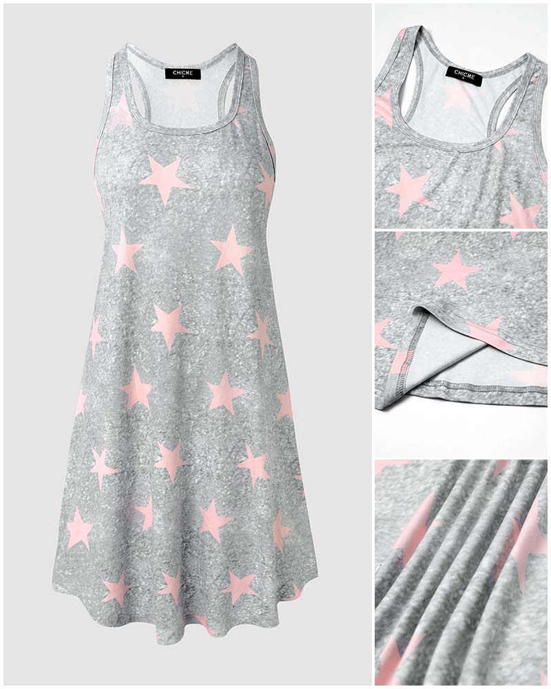 Women's Star Print Sleeveless Tank Dress U-Neck Curved Hem Racerback Sundress Lounge Nightdress