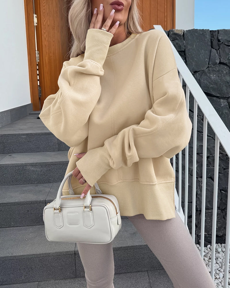 Women's Casual Crewneck Sweatshirt Loose Long Sleeve Side Slit Pullover Top with Thumb Holes