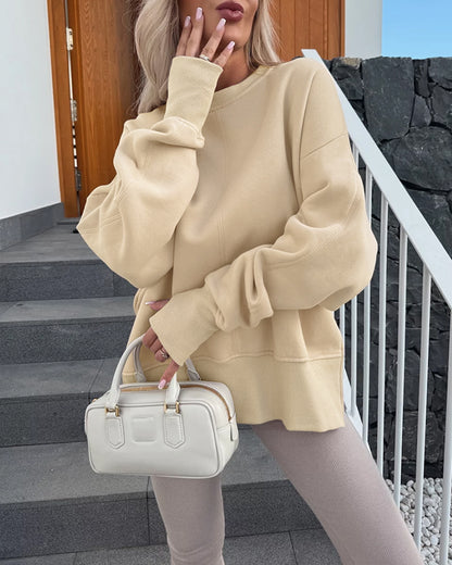 Women's Casual Crewneck Sweatshirt Loose Long Sleeve Side Slit Pullover Top with Thumb Holes