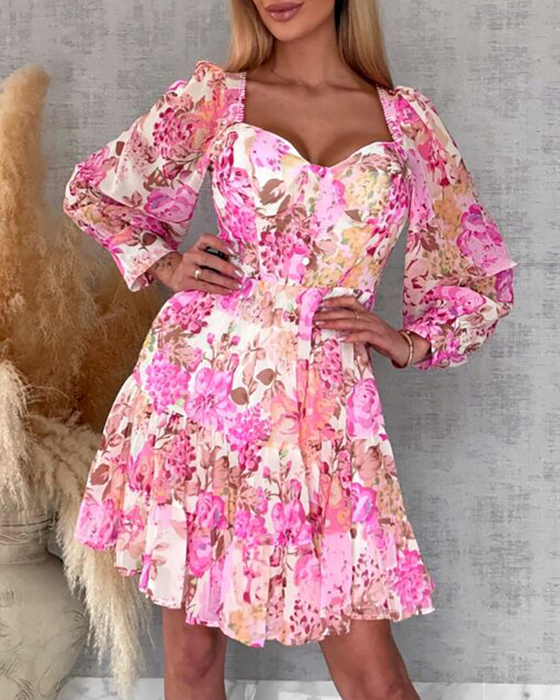 Women's French Floral Dress Sweetheart Neck Puff Sleeve Ruffle A Line Dress Casual Tied Detail Shirred Vacation Dress