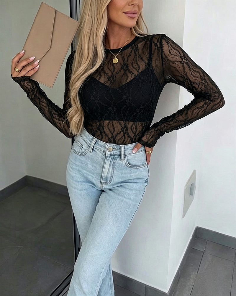 Women's Jacquard Textured Sheer Lace Long Sleeve Top Crewneck Slim Fit Tee with Thumb Holes