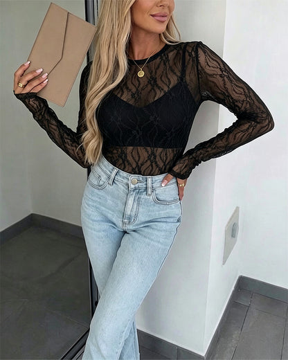 Women's Jacquard Textured Sheer Lace Long Sleeve Top Crewneck Slim Fit Tee with Thumb Holes
