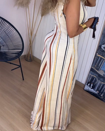 Striped V Neck Sleeveless Zipper Back Overalls Casual Shoulder Tied Wide Leg Jumpsuit With Pockets