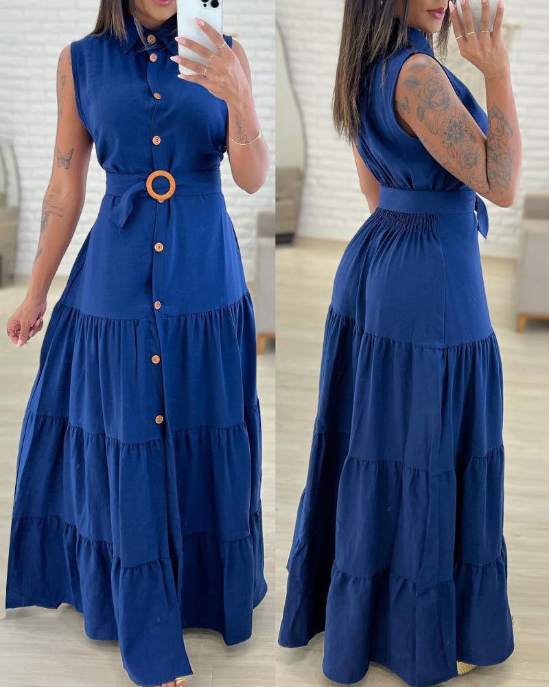 Turn-down Collar Sleeveless Button Front Dress Casual Belted Slit Ruched Maxi Dress